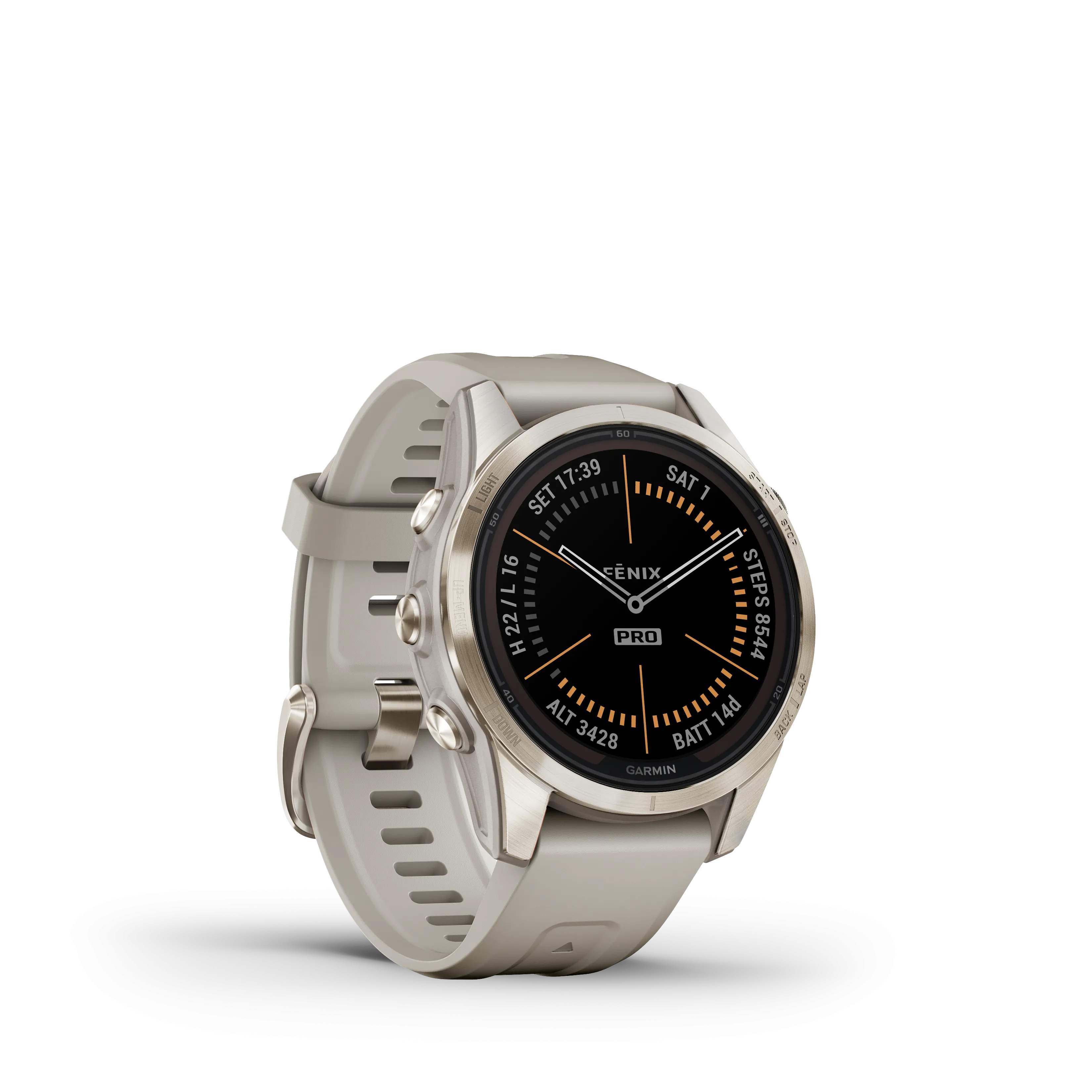 Fenix 7S Pro, Sapphire Solar Edition, 42mm - Soft Cream Gold with Limestone Grey Leather Band - 010-02776-30