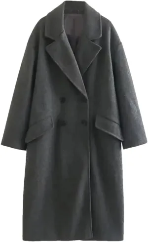 Fjnbbiot Women Winter Thick Woolen Coats With Loose Long Sleeves Elegant Notched Collar Double Breasted Wool Blend Over Coat
