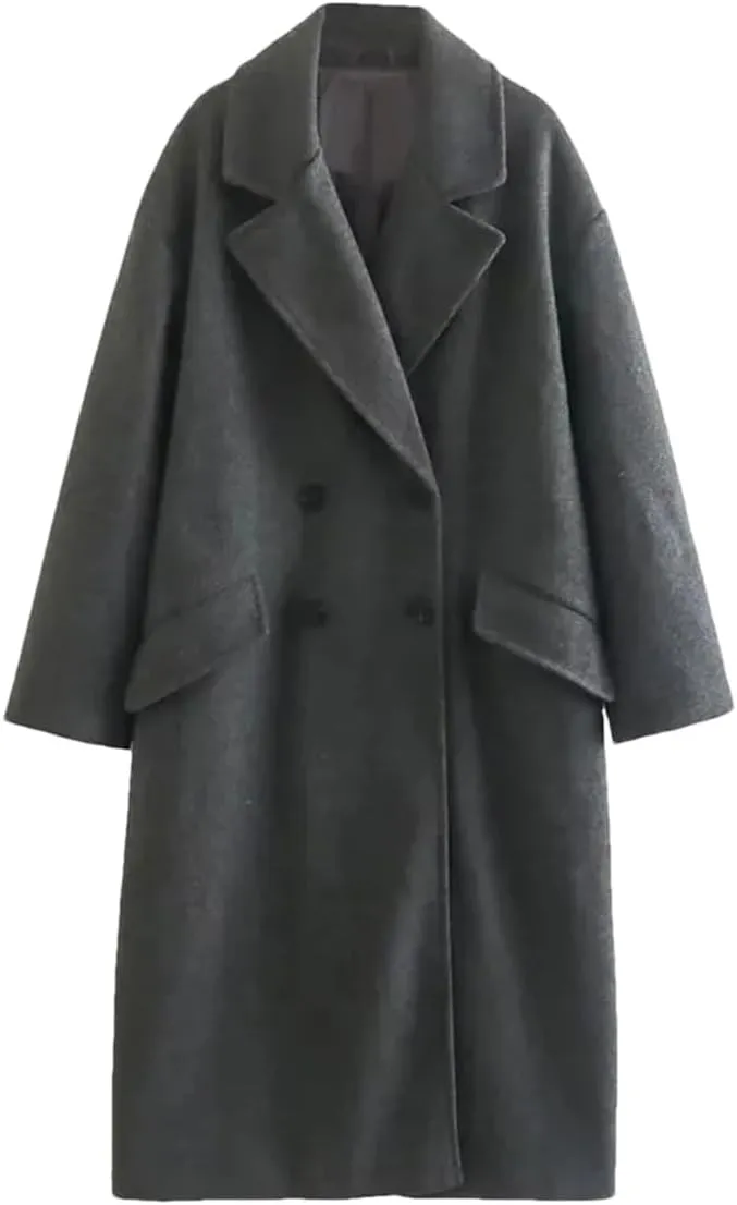 Fjnbbiot Women Winter Thick Woolen Coats With Loose Long Sleeves Elegant Notched Collar Double Breasted Wool Blend Over Coat