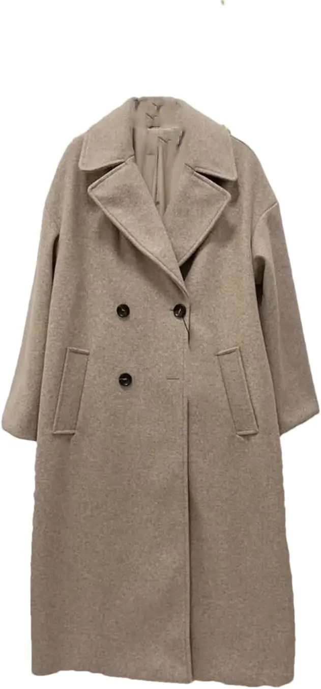 Fjnbbiot Women Winter Thick Woolen Coats With Loose Long Sleeves Elegant Notched Collar Double Breasted Wool Blend Over Coat