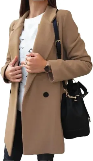 Fjnbbiot Women Wool Coat Coat Winter Elegant Notched Collar Double Breasted Wool Blend Over Solid Color Pea Coat