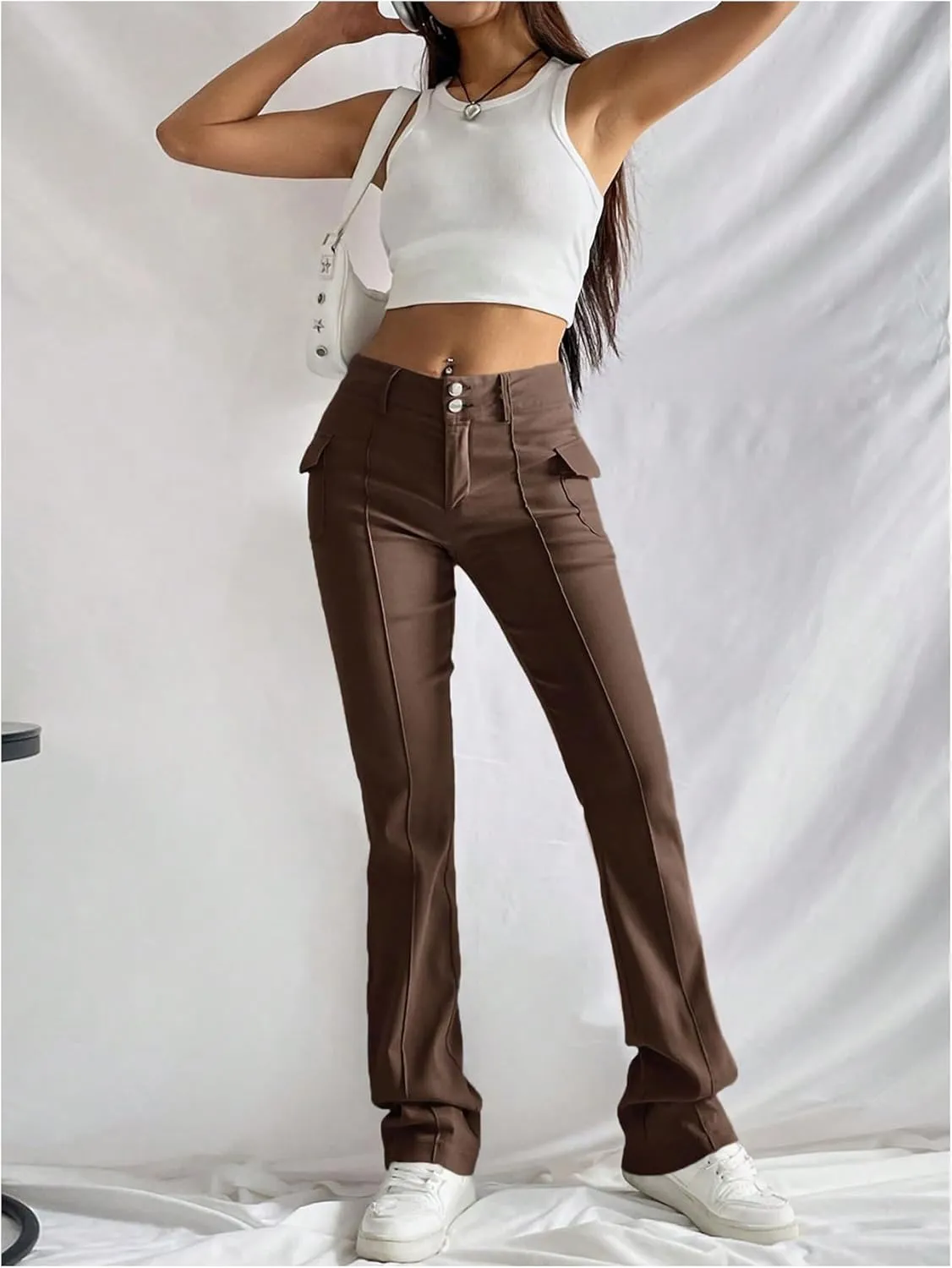 Floerns Women's Solid High Waisted Stretch Pants Straight Leg Pants with Flap Pockets
