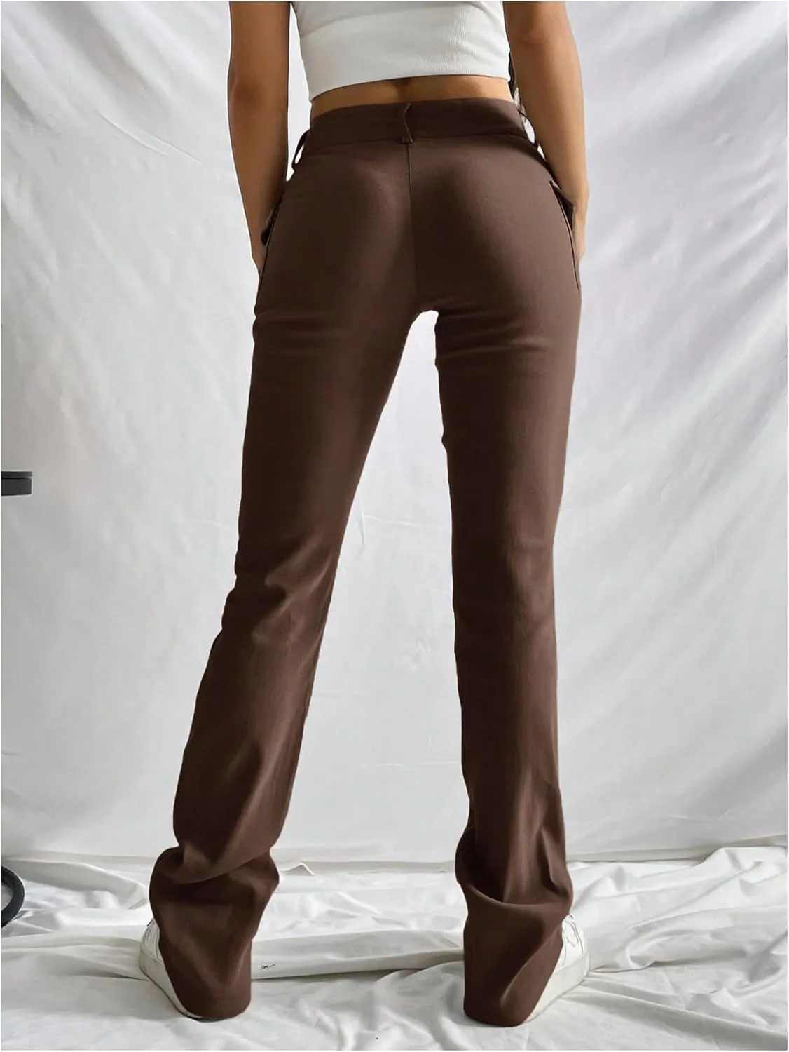 Floerns Women's Solid High Waisted Stretch Pants Straight Leg Pants with Flap Pockets
