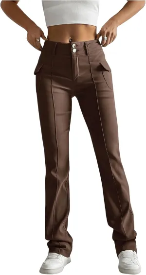 Floerns Women's Solid High Waisted Stretch Pants Straight Leg Pants with Flap Pockets