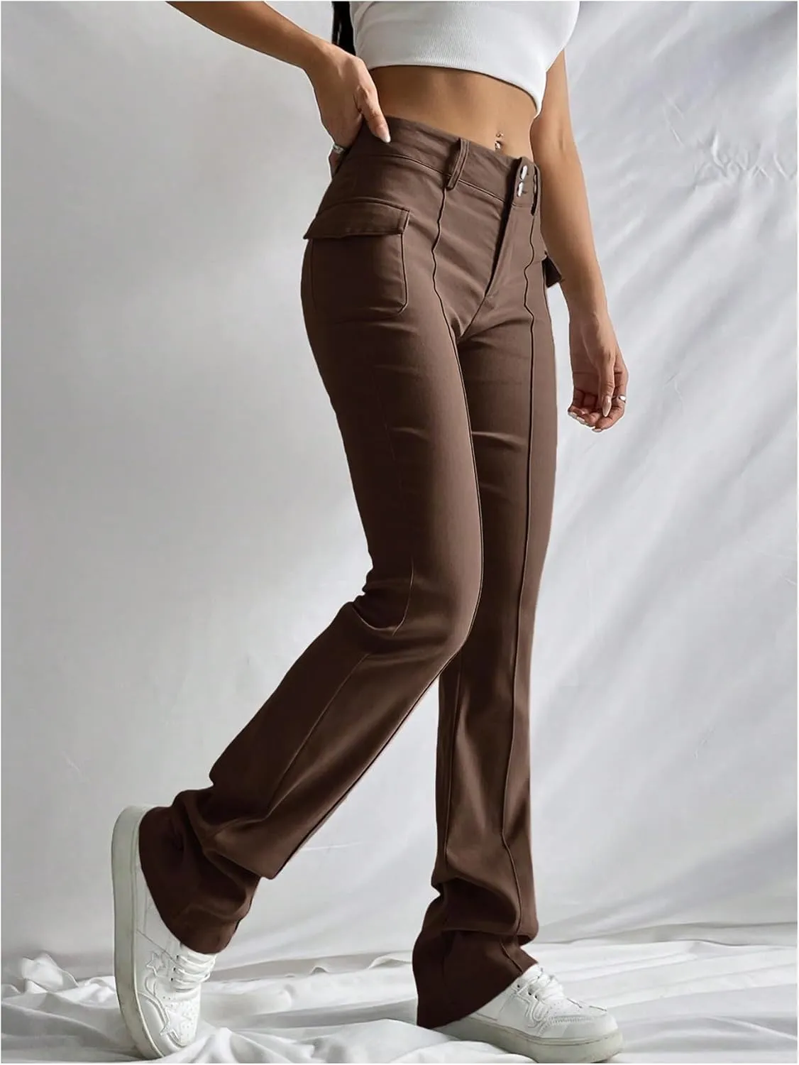 Floerns Women's Solid High Waisted Stretch Pants Straight Leg Pants with Flap Pockets