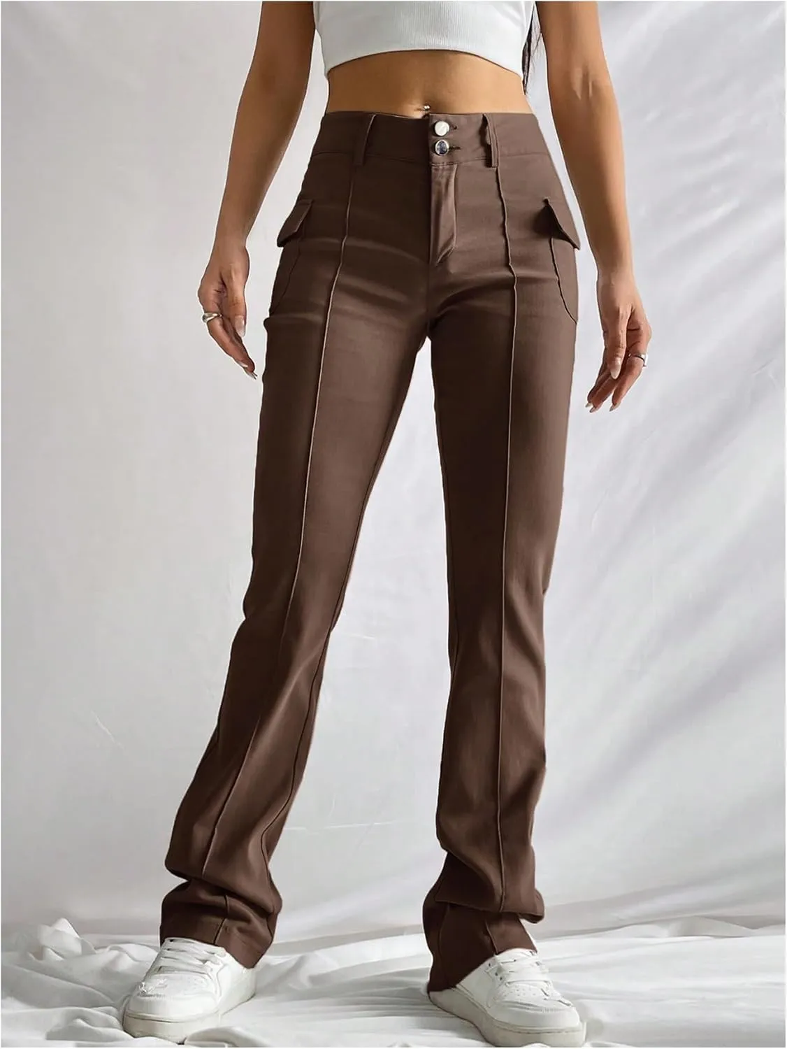 Floerns Women's Solid High Waisted Stretch Pants Straight Leg Pants with Flap Pockets