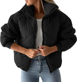 Flygo Womens Winter Crop Down Jacket Zipper Quilted Puffer Short Coat Bubble Warm Padded Outerwear
