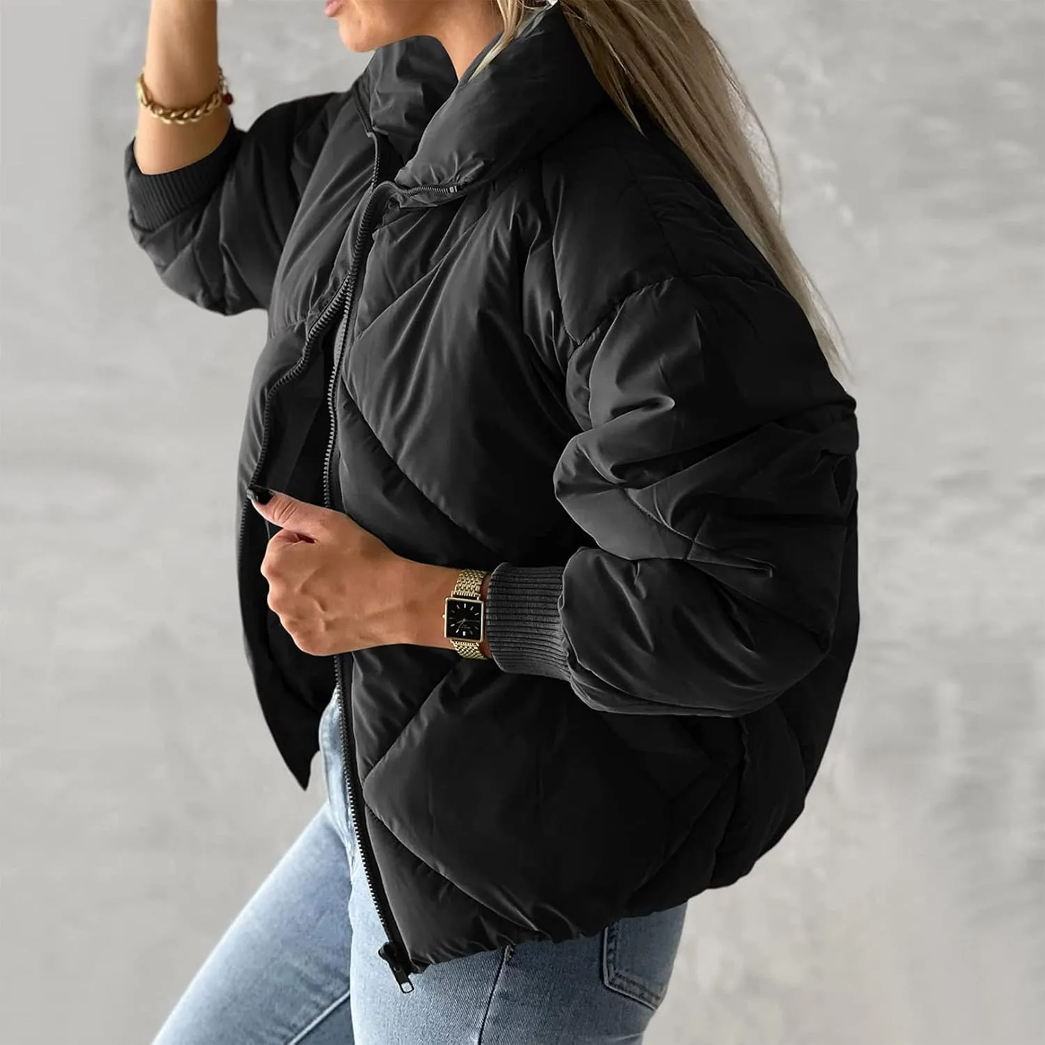 Flygo Womens Winter Crop Down Jacket Zipper Quilted Puffer Short Coat Bubble Warm Padded Outerwear