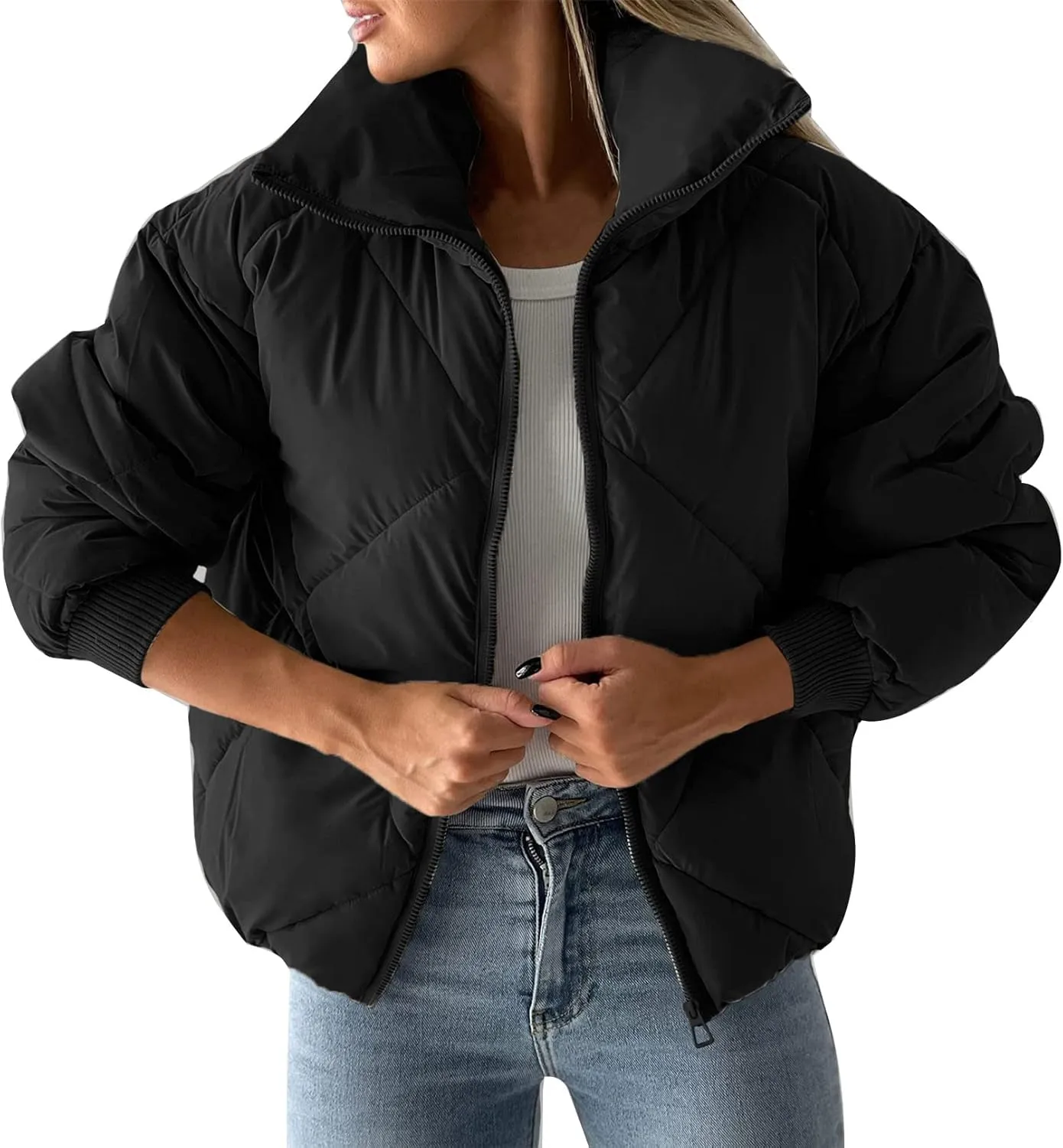 Flygo Womens Winter Crop Down Jacket Zipper Quilted Puffer Short Coat Bubble Warm Padded Outerwear