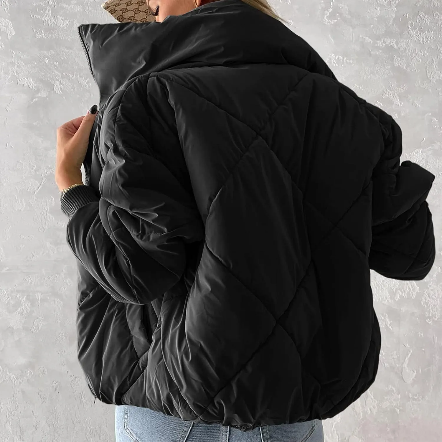 Flygo Womens Winter Crop Down Jacket Zipper Quilted Puffer Short Coat Bubble Warm Padded Outerwear