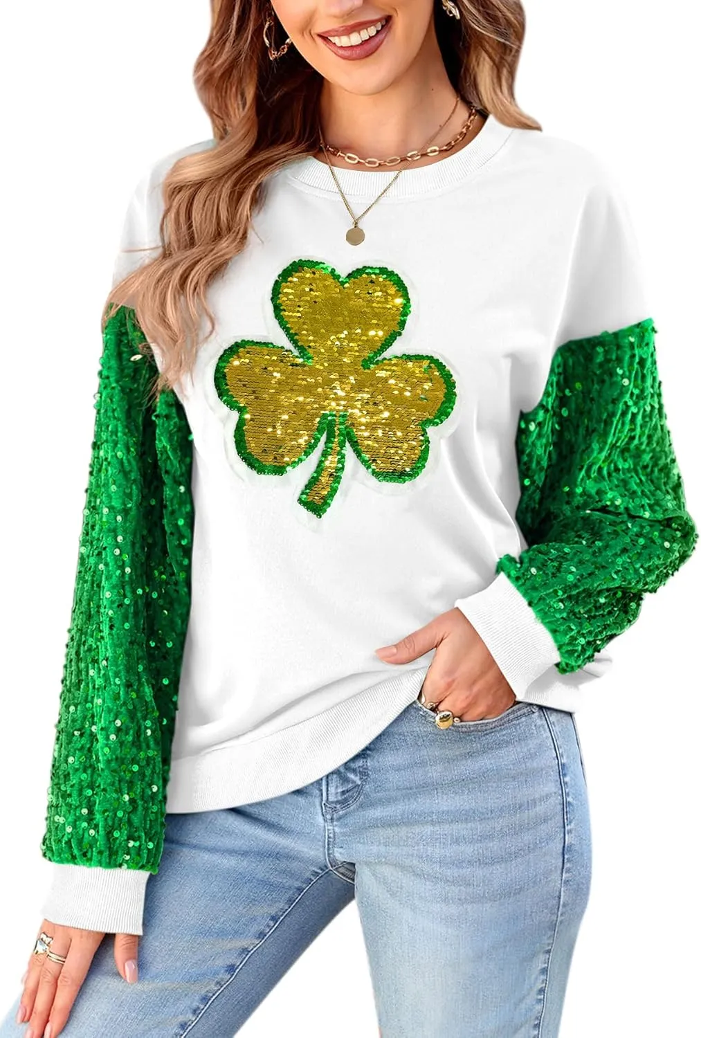 For G and PL Women's St Patricks Sequin Long Sleeve Sweatshirts Crewneck Irish Tops