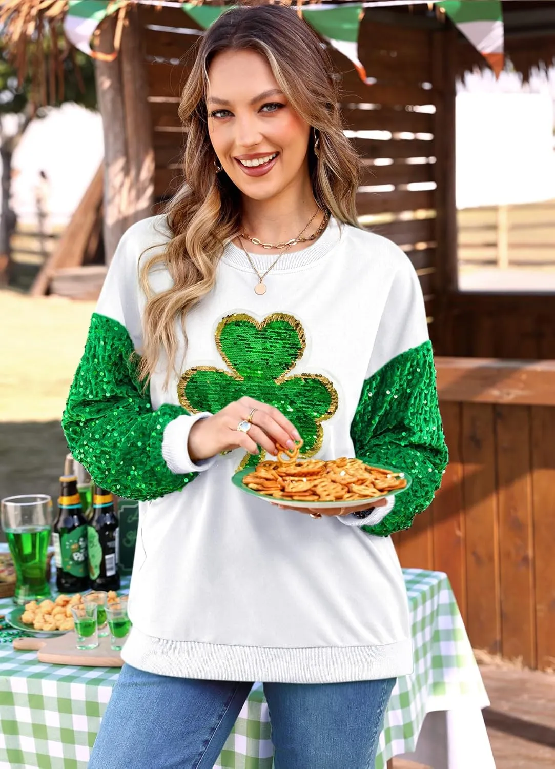 For G and PL Women's St Patricks Sequin Long Sleeve Sweatshirts Crewneck Irish Tops