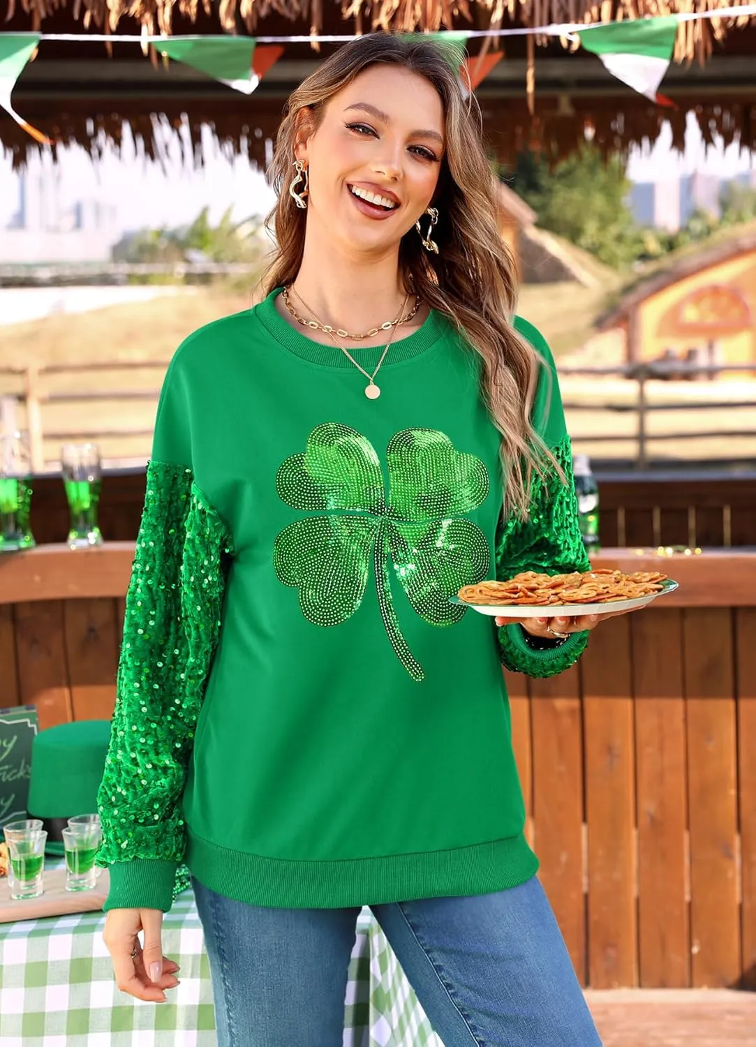 For G and PL Women's St Patricks Sequin Long Sleeve Sweatshirts Crewneck Irish Tops