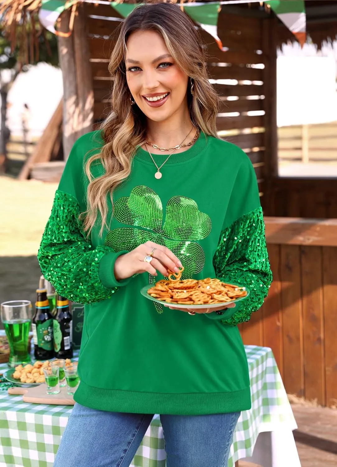 For G and PL Women's St Patricks Sequin Long Sleeve Sweatshirts Crewneck Irish Tops