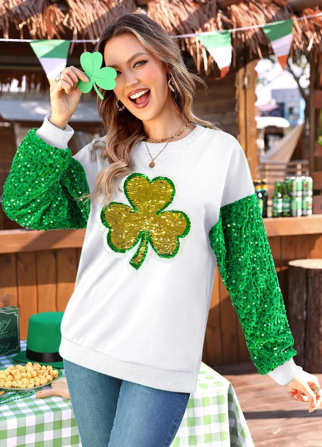 For G and PL Women's St Patricks Sequin Long Sleeve Sweatshirts Crewneck Irish Tops