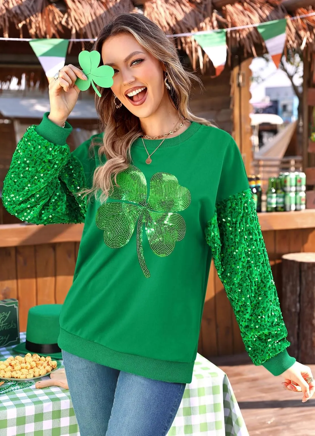For G and PL Women's St Patricks Sequin Long Sleeve Sweatshirts Crewneck Irish Tops