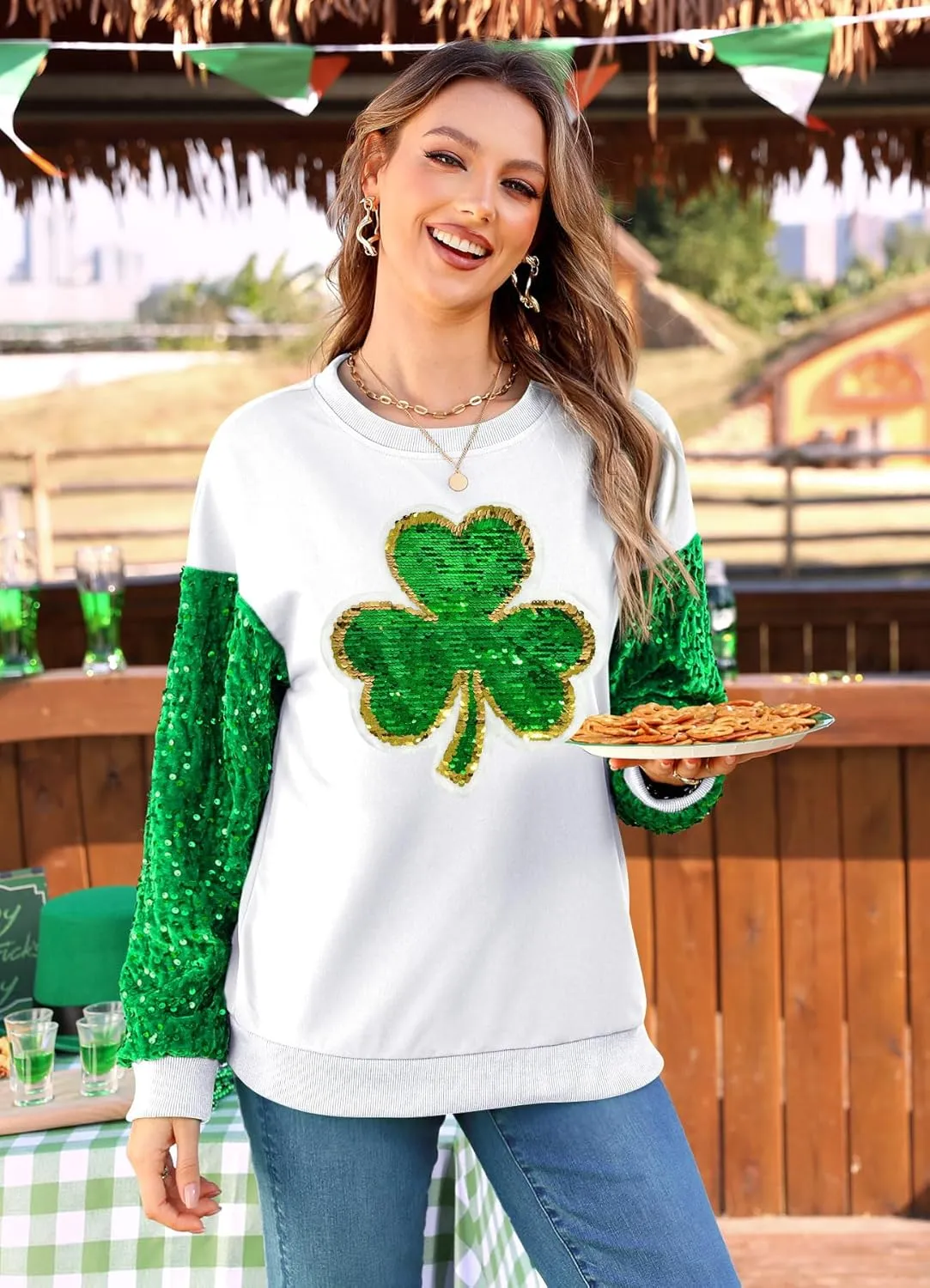 For G and PL Women's St Patricks Sequin Long Sleeve Sweatshirts Crewneck Irish Tops