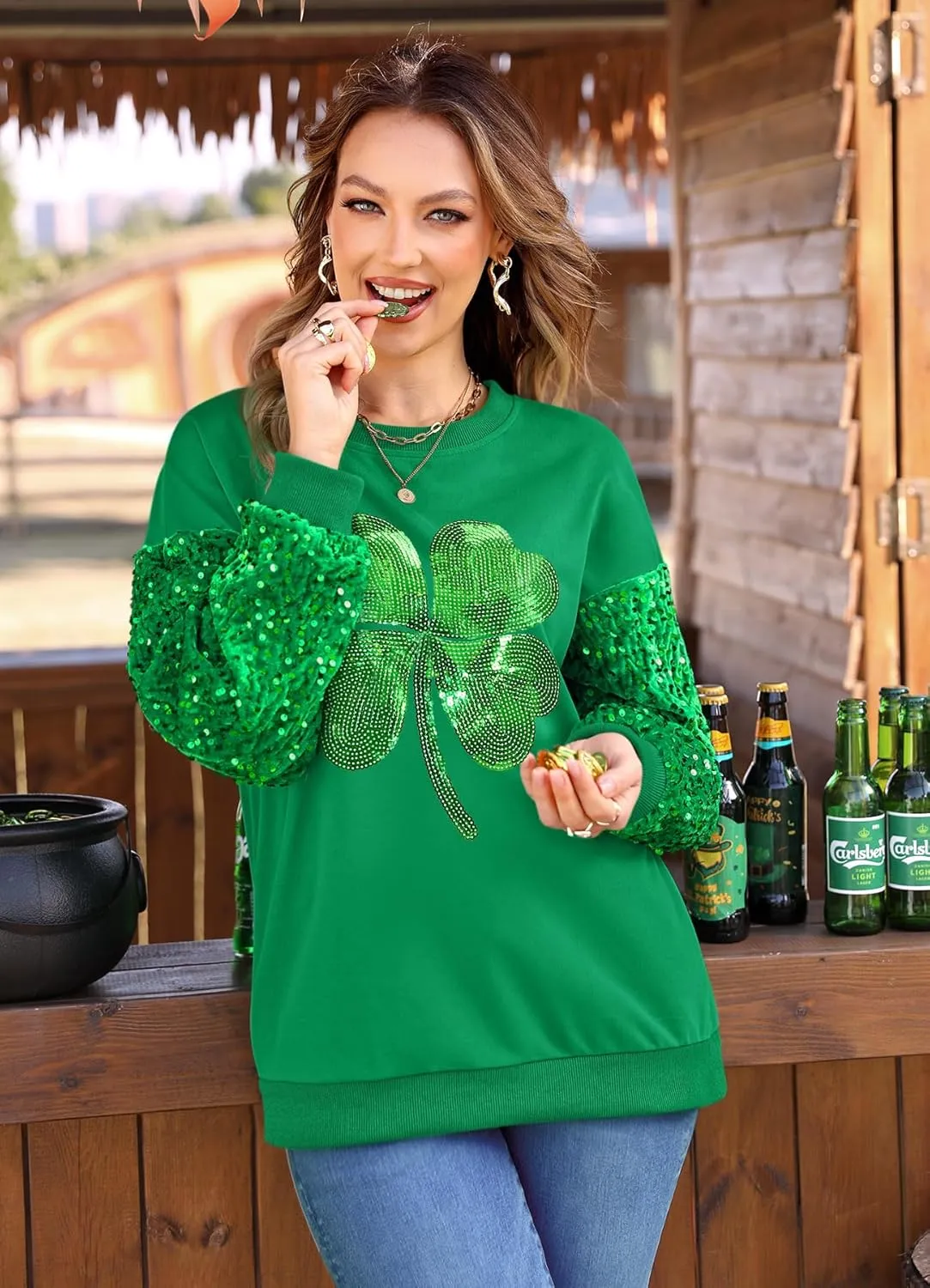 For G and PL Women's St Patricks Sequin Long Sleeve Sweatshirts Crewneck Irish Tops