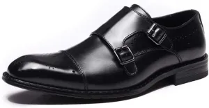 Formal Dress Shoes for Men Slip On Cap Toe Brogue Embossed Monk Strap Leather Low Top Non Slip Block Heel Working