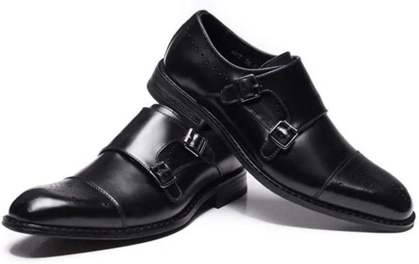Formal Dress Shoes for Men Slip On Cap Toe Brogue Embossed Monk Strap Leather Low Top Non Slip Block Heel Working