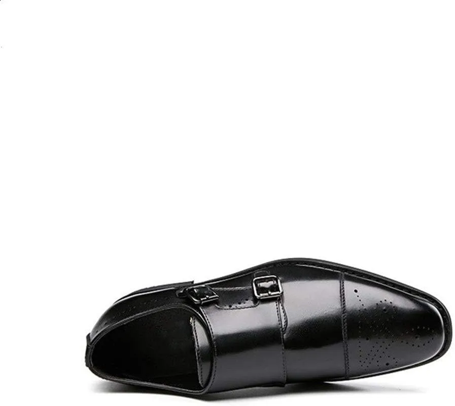 Formal Dress Shoes for Men Slip On Cap Toe Brogue Embossed Monk Strap Leather Low Top Non Slip Block Heel Working