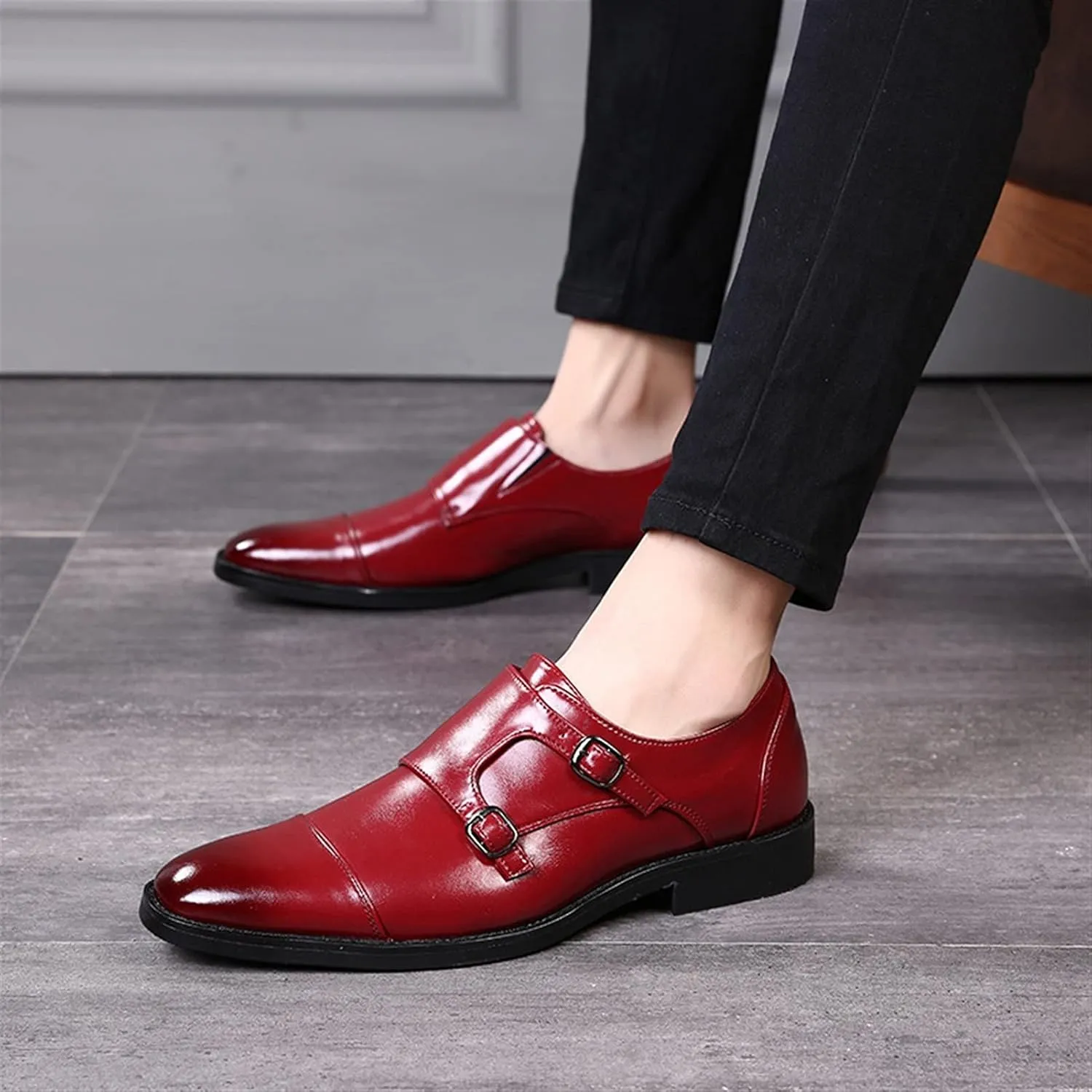 Formal Shoes Dress Oxford for Men Slip On Monk Strap Cap Toe Black Burnished Toe PU Leather Block Heel Rubber Sole Non Slip Walking