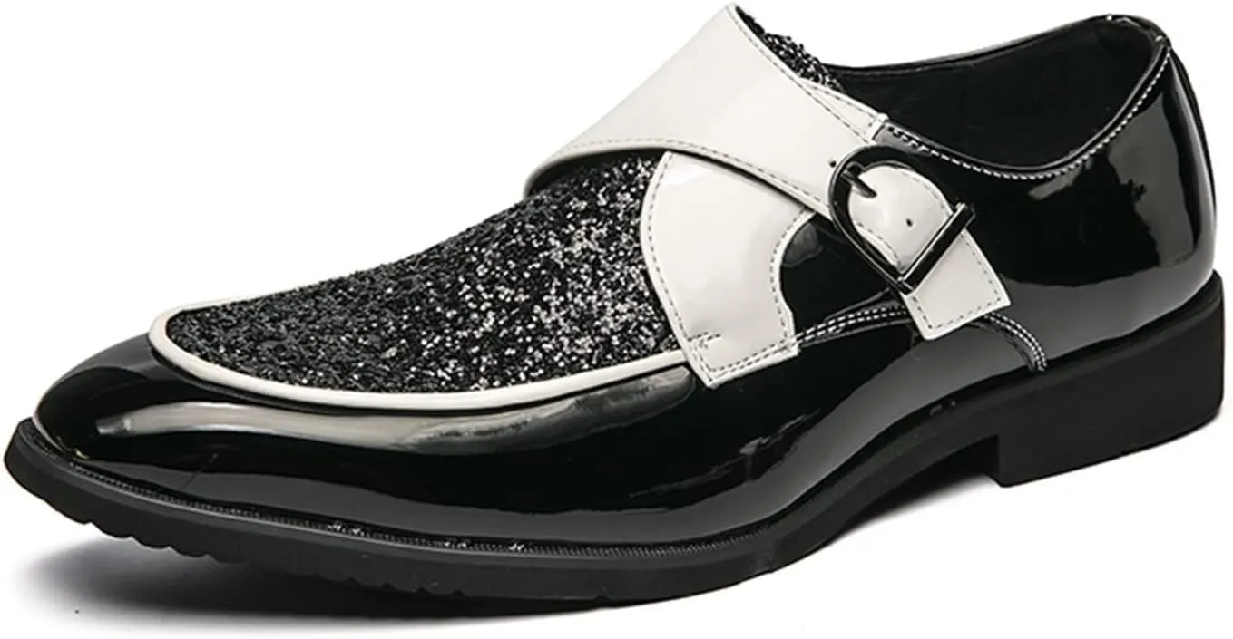 Formal Shoes for Men Slip On Monk Strap Apron Toe Shiny Shoes PU Leather Anti-Slip Rubber Sole Non Slip Block Heel Walking