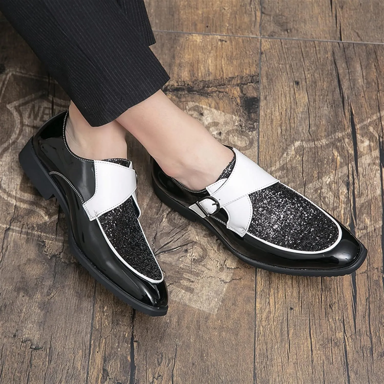 Formal Shoes for Men Slip On Monk Strap Apron Toe Shiny Shoes PU Leather Anti-Slip Rubber Sole Non Slip Block Heel Walking