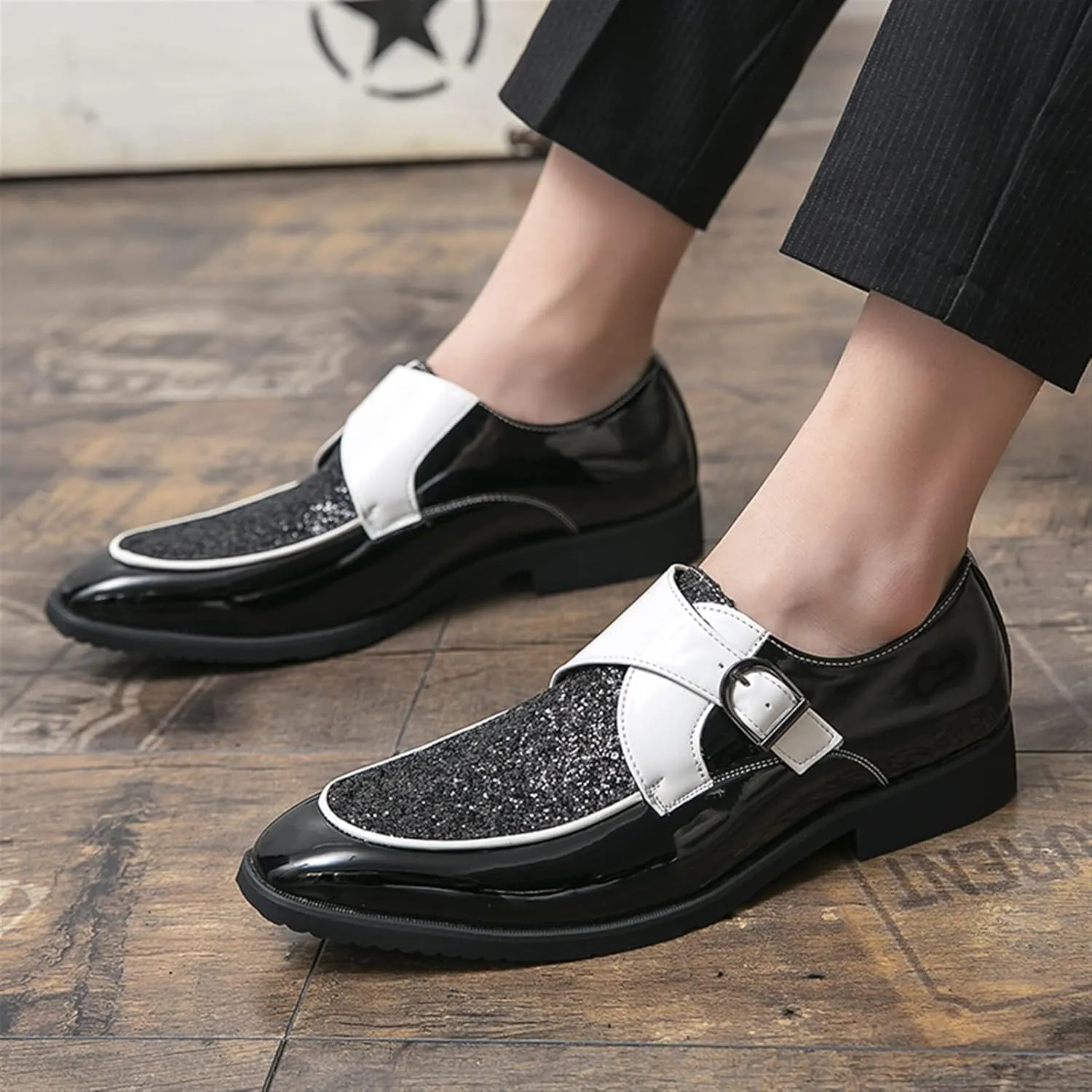 Formal Shoes for Men Slip On Monk Strap Apron Toe Shiny Shoes PU Leather Anti-Slip Rubber Sole Non Slip Block Heel Walking