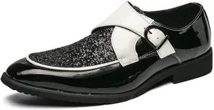 Formal Shoes for Men Slip On Monk Strap Apron Toe Shiny Shoes PU Leather Anti-Slip Rubber Sole Non Slip Block Heel Walking