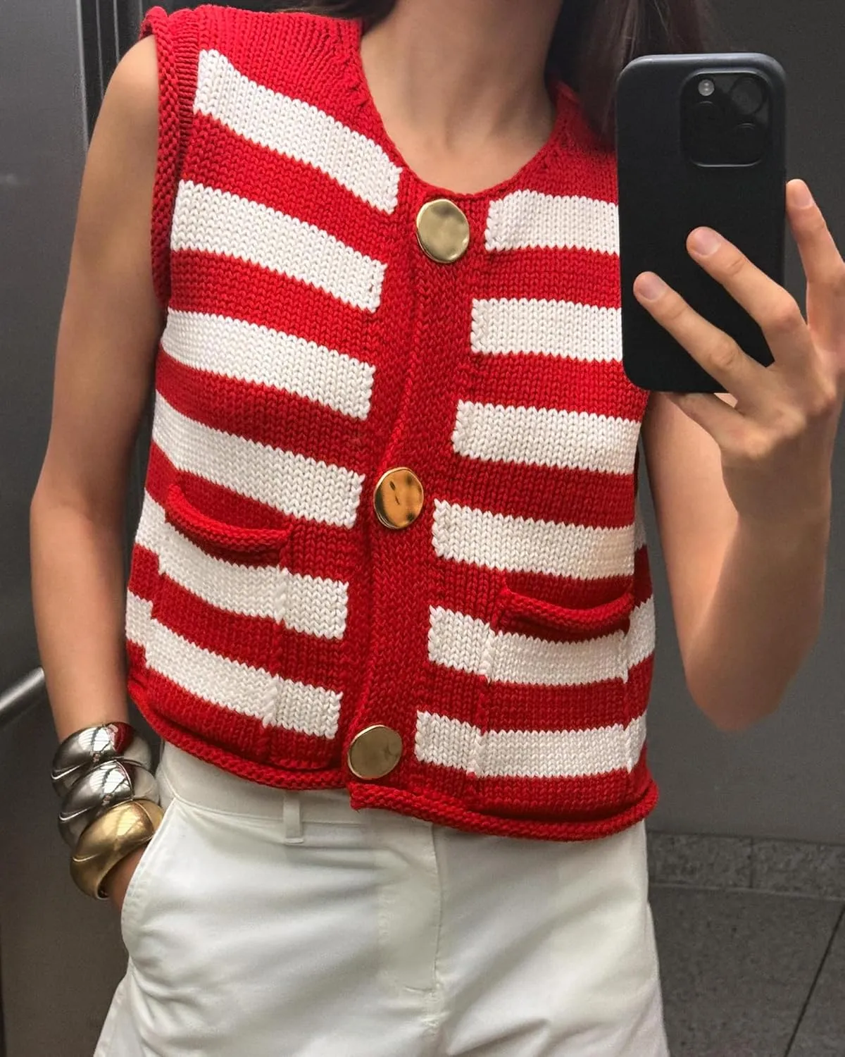Gacaky Sweater Vest for Women Cropped Soft Knit Cardigan Casual Button Down Striped Sweater Vest Outfits Trendy Clothes