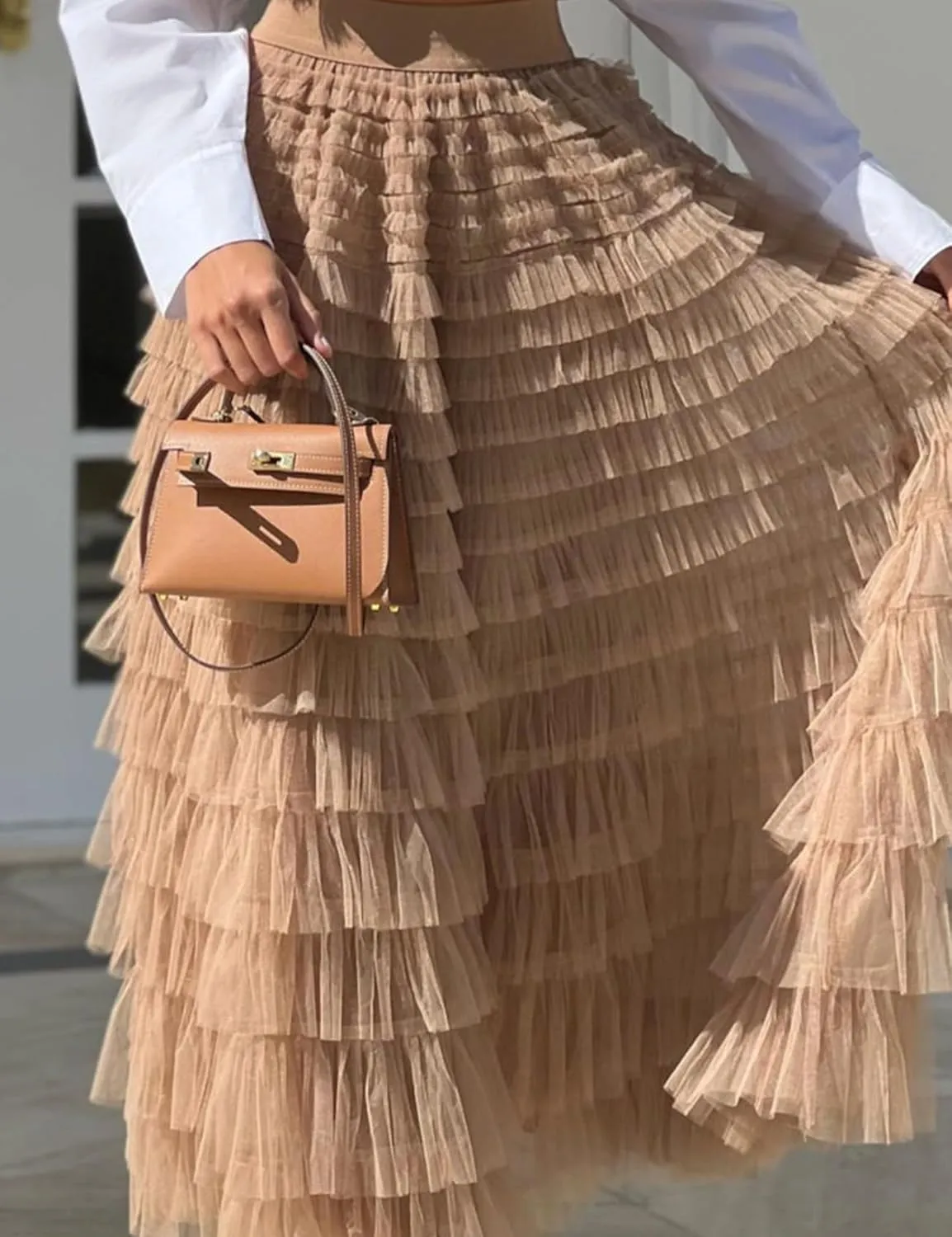 Gihuo Women's Long Maxi Tulle Skirts A Line High Waisted Tiered Layered Midi Skirt Mesh Ruffle Tutu Petticoat