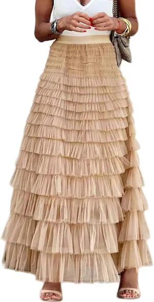 Gihuo Women's Long Maxi Tulle Skirts A Line High Waisted Tiered Layered Midi Skirt Mesh Ruffle Tutu Petticoat