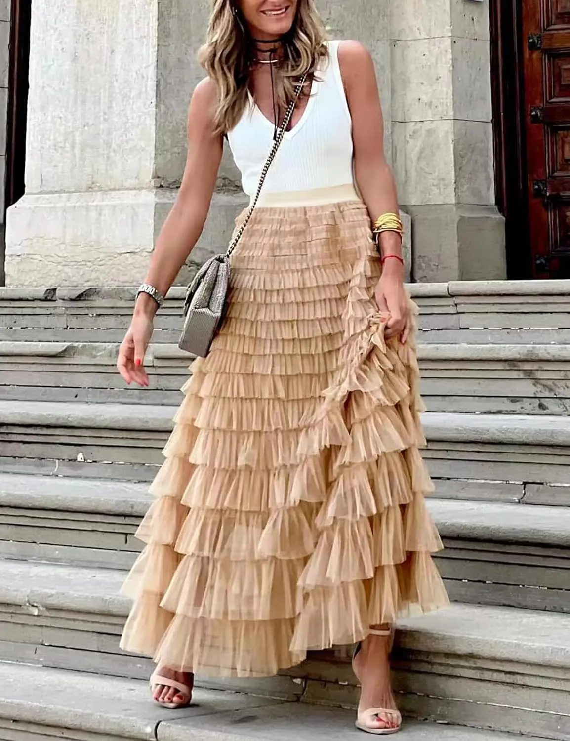 Gihuo Women's Long Maxi Tulle Skirts A Line High Waisted Tiered Layered Midi Skirt Mesh Ruffle Tutu Petticoat