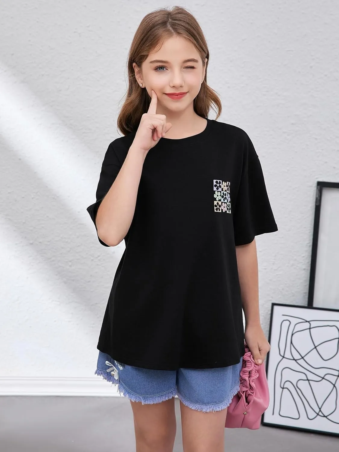 Girl's Floral Graphic Print Cute T Shirts Crew Neck Short Sleeve Clothes Loose Summer Cute Tops for Girls
