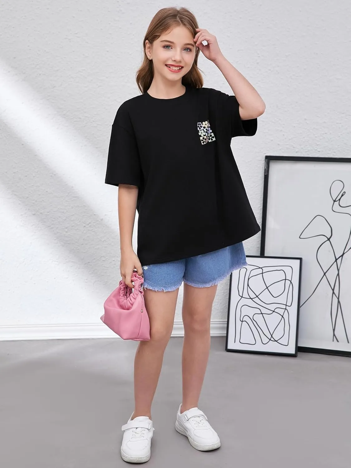 Girl's Floral Graphic Print Cute T Shirts Crew Neck Short Sleeve Clothes Loose Summer Cute Tops for Girls