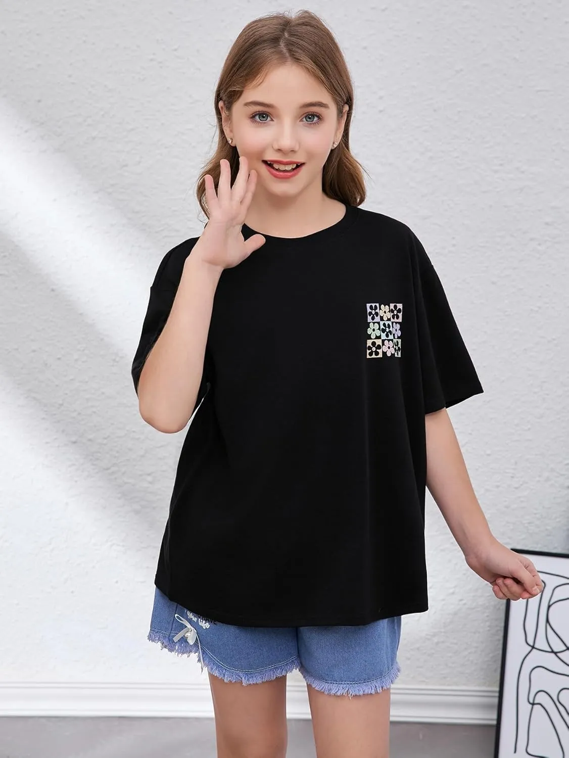 Girl's Floral Graphic Print Cute T Shirts Crew Neck Short Sleeve Clothes Loose Summer Cute Tops for Girls