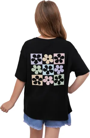 Girl's Floral Graphic Print Cute T Shirts Crew Neck Short Sleeve Clothes Loose Summer Cute Tops for Girls