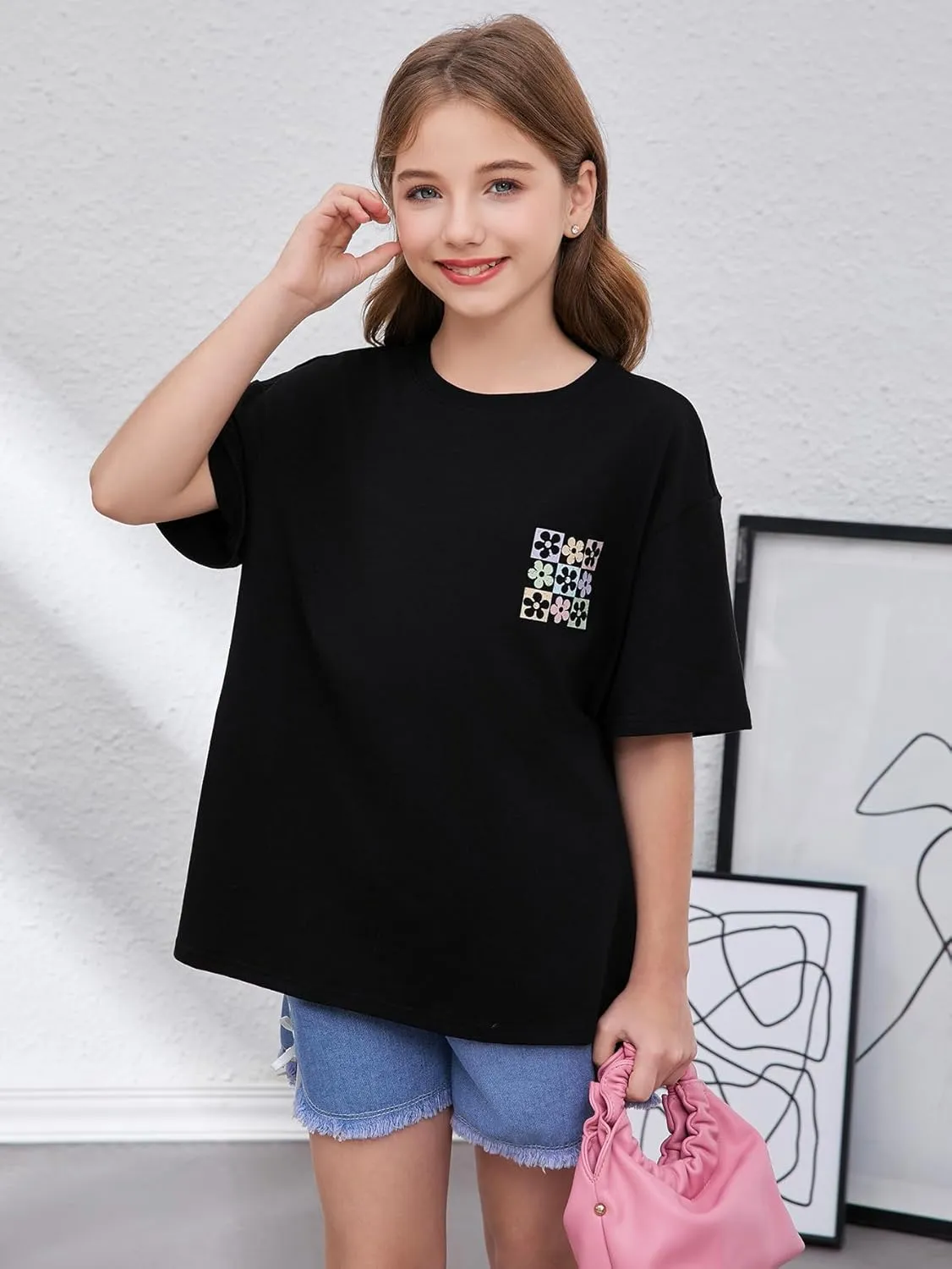 Girl's Floral Graphic Print Cute T Shirts Crew Neck Short Sleeve Clothes Loose Summer Cute Tops for Girls