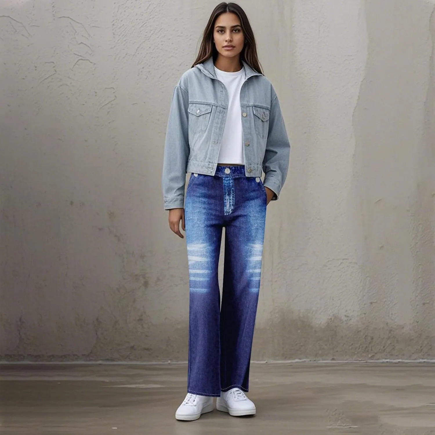 GOFULY French Terry Sweatpants That Look Like Jeans,Denim Print Wide Leg Pants Stretchy Elastic Waisted Sweatpants Casual