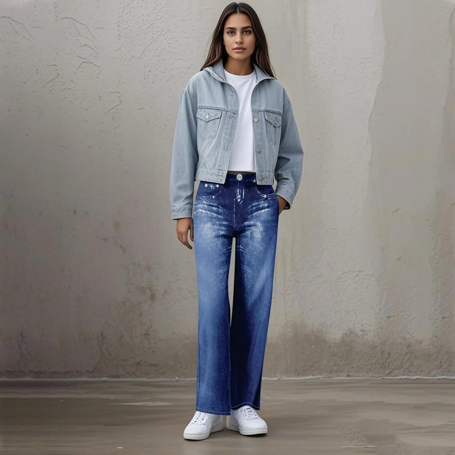 GOFULY French Terry Sweatpants That Look Like Jeans,Denim Print Wide Leg Pants Stretchy Elastic Waisted Sweatpants Casual