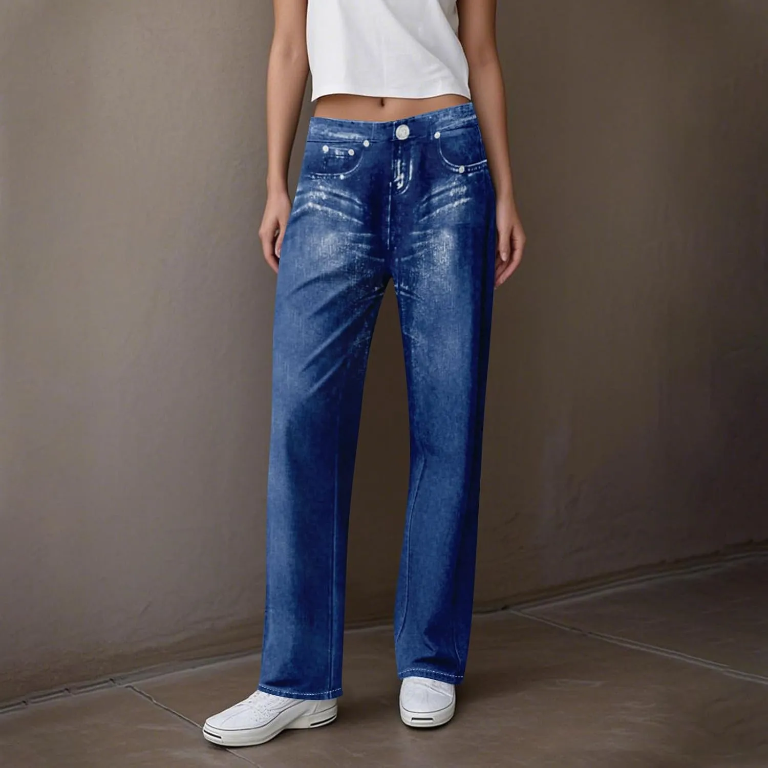 GOFULY French Terry Sweatpants That Look Like Jeans,Denim Print Wide Leg Pants Stretchy Elastic Waisted Sweatpants Casual