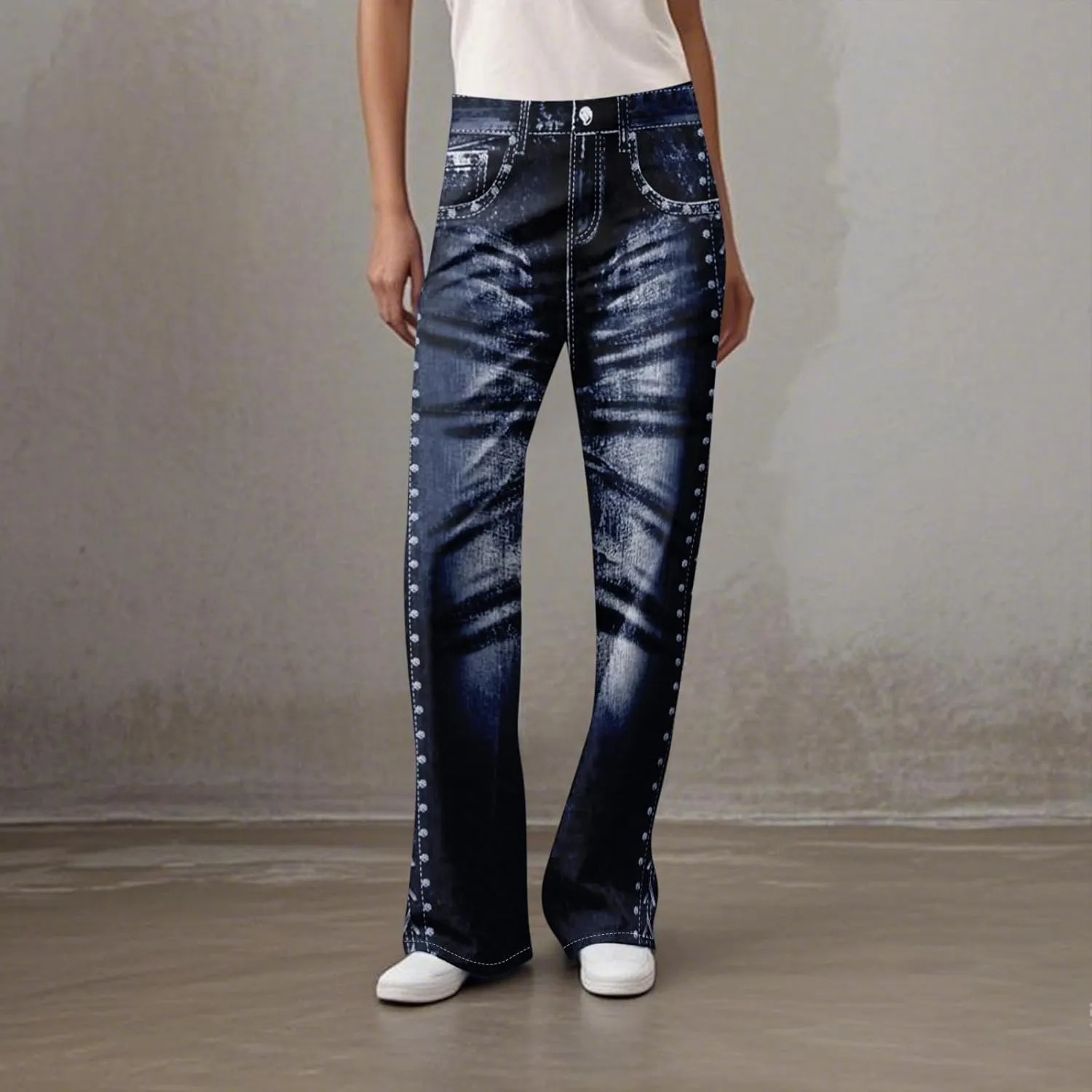 GOFULY French Terry Sweatpants That Look Like Jeans,Denim Print Wide Leg Pants Stretchy Elastic Waisted Sweatpants Casual