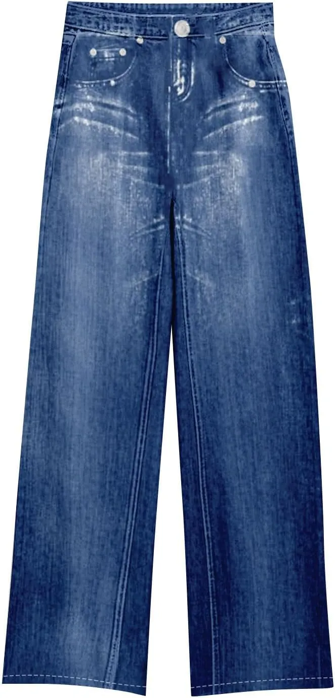 GOFULY French Terry Sweatpants That Look Like Jeans,Denim Print Wide Leg Pants Stretchy Elastic Waisted Sweatpants Casual