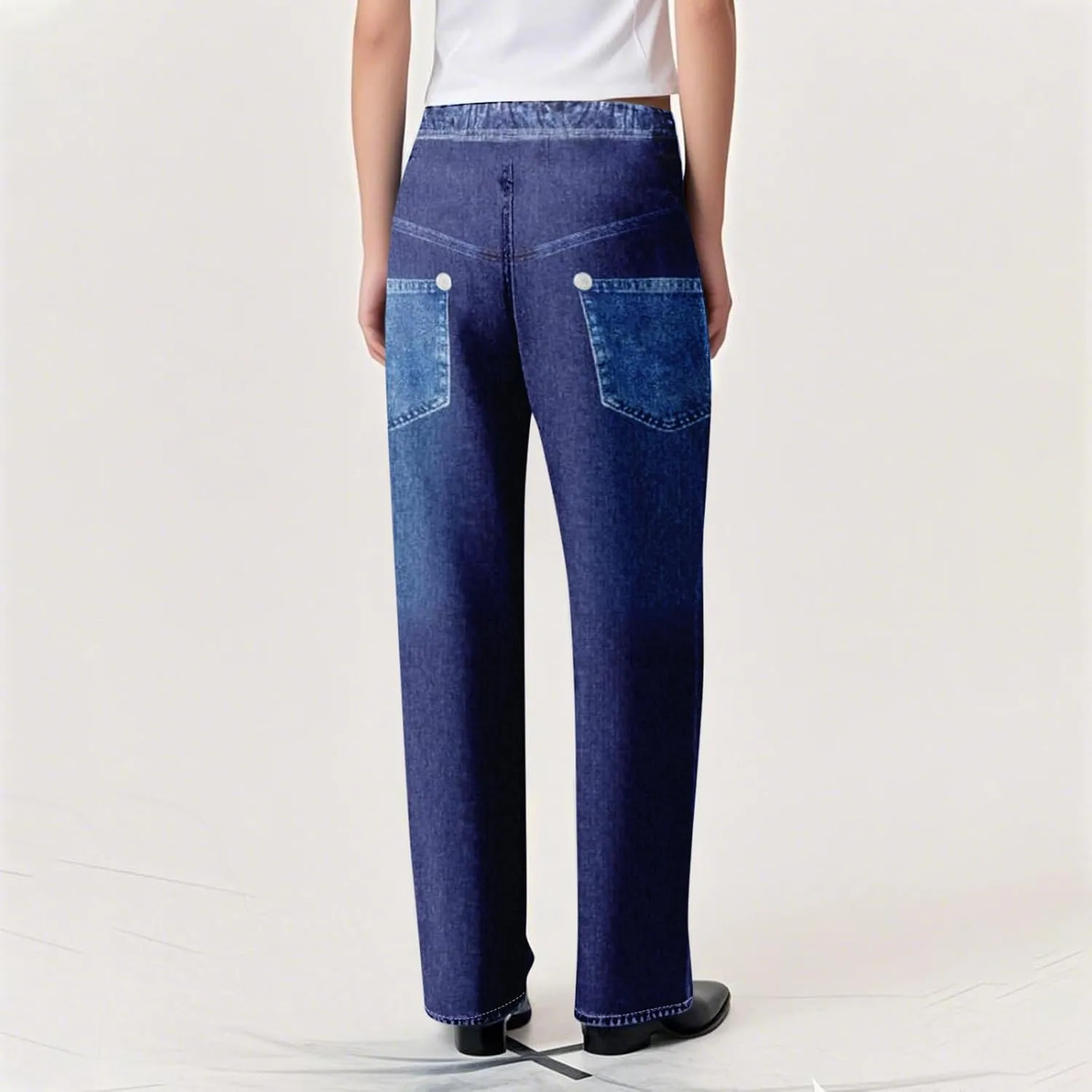 GOFULY French Terry Sweatpants That Look Like Jeans,Denim Print Wide Leg Pants Stretchy Elastic Waisted Sweatpants Casual