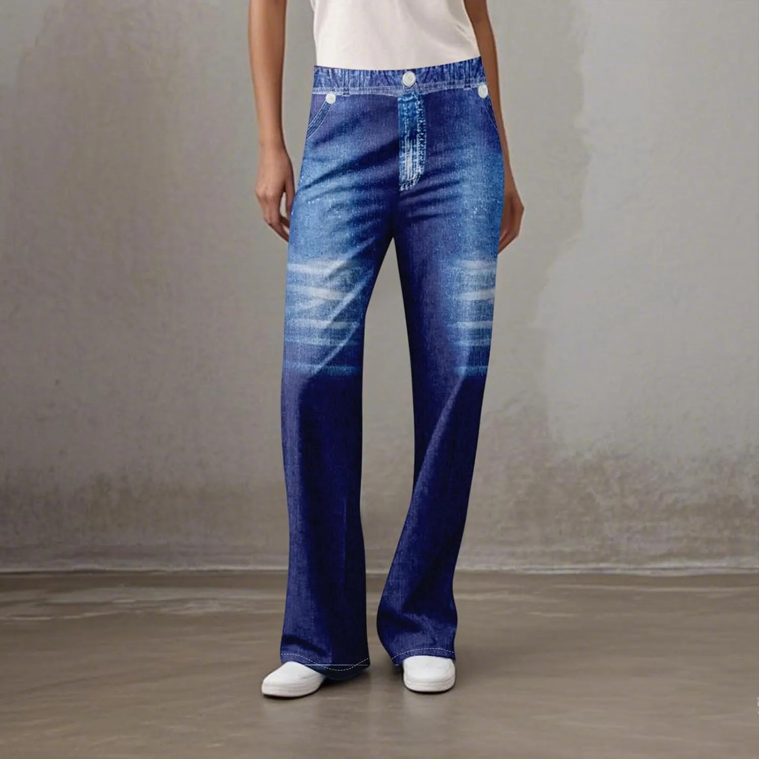 GOFULY French Terry Sweatpants That Look Like Jeans,Denim Print Wide Leg Pants Stretchy Elastic Waisted Sweatpants Casual
