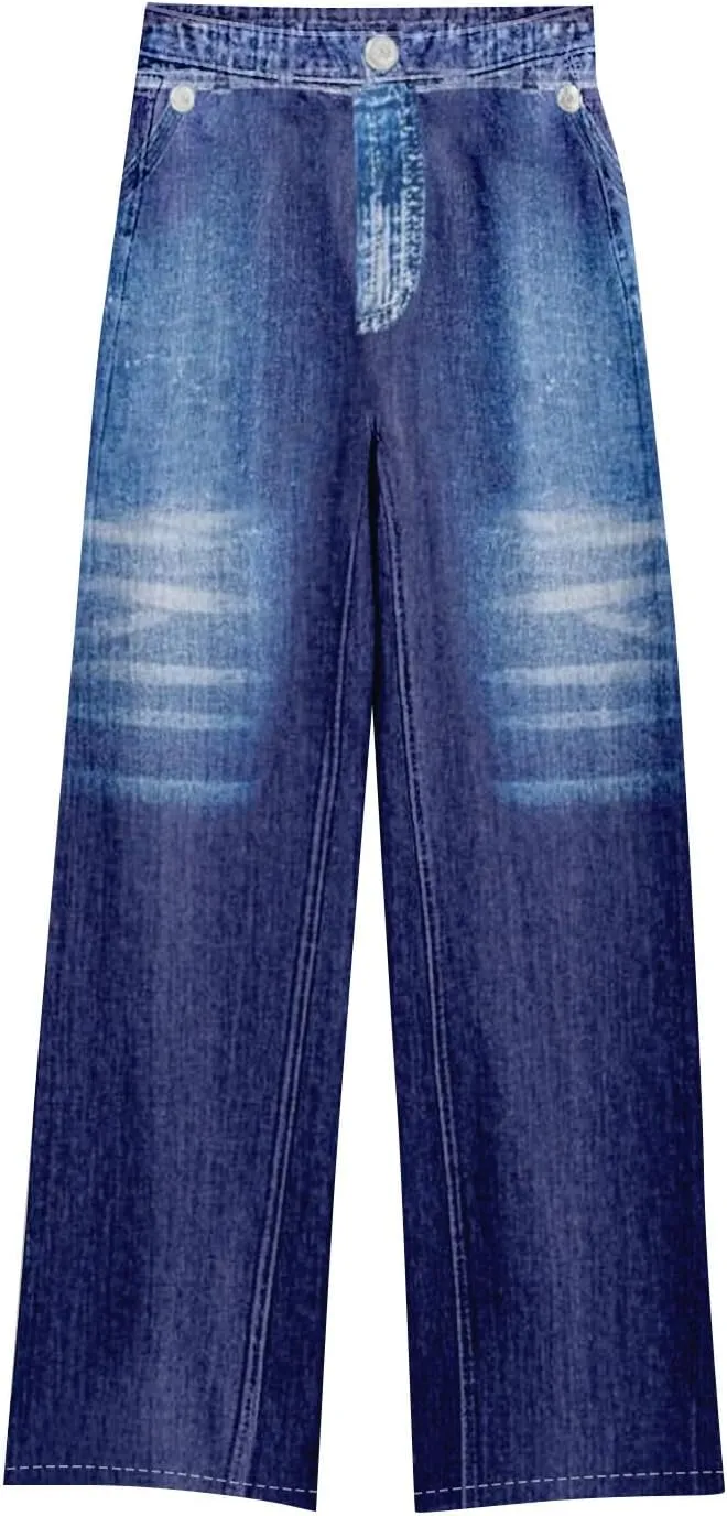 GOFULY French Terry Sweatpants That Look Like Jeans,Denim Print Wide Leg Pants Stretchy Elastic Waisted Sweatpants Casual