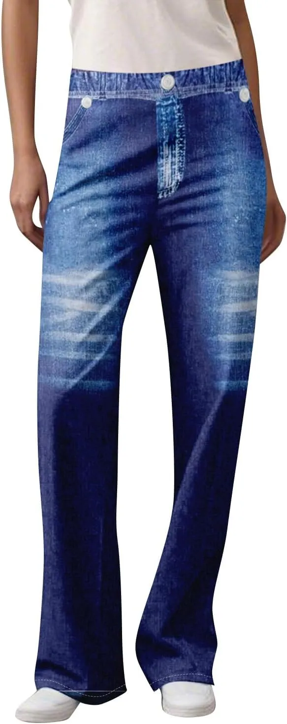 GOFULY French Terry Sweatpants That Look Like Jeans,Denim Print Wide Leg Pants Stretchy Elastic Waisted Sweatpants Casual