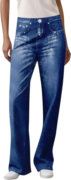 GOFULY French Terry Sweatpants That Look Like Jeans,Denim Print Wide Leg Pants Stretchy Elastic Waisted Sweatpants Casual