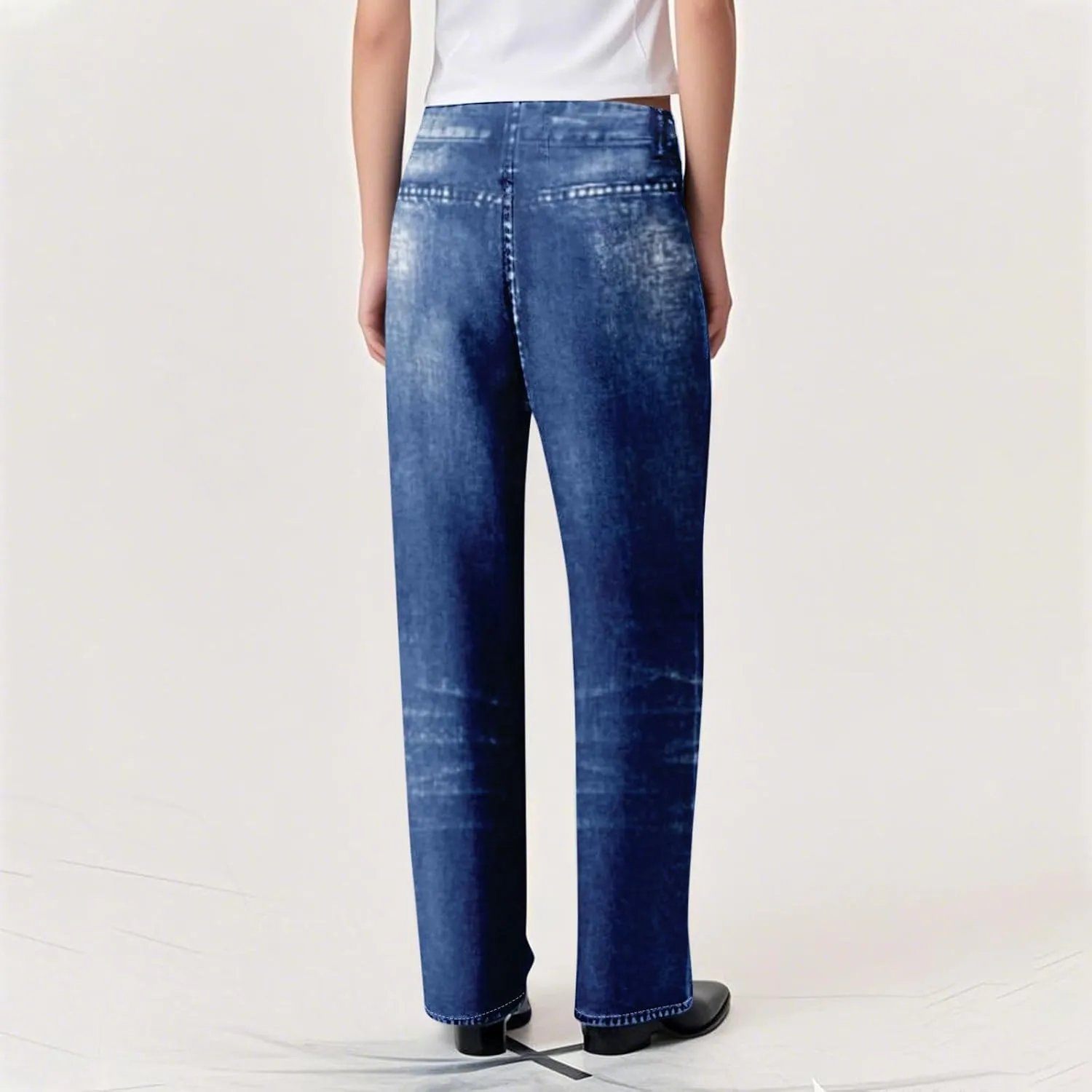 GOFULY French Terry Sweatpants That Look Like Jeans,Denim Print Wide Leg Pants Stretchy Elastic Waisted Sweatpants Casual